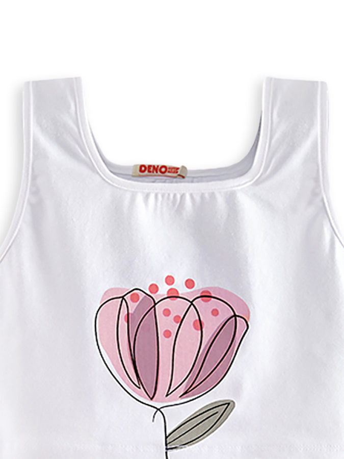 Ensemble Fille Crop Top Fleuri et Pantalon en Mousseline – Rose Poudré