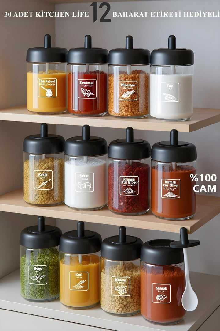Set de 12 pots à épices en verre 300 ml avec cuillère intégrée