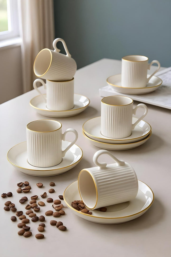 Service à café en porcelaine dorée à rayures – Design exclusif – 12 pièces pour 6 personnes – Tasses à café 70 ml