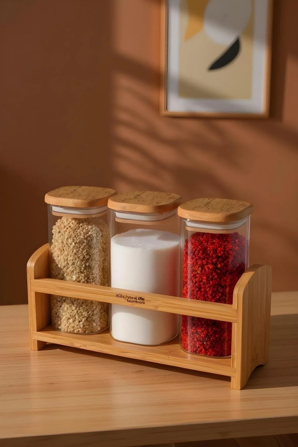 Set de 4 pots à épices de comptoir avec couvercle en bambou et support – 350 ml - Justyol