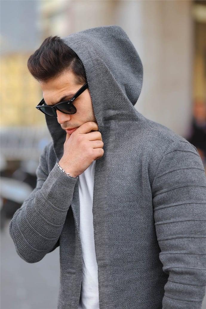 Poncho cardigan homme uni en maille avec capuche - Justyol