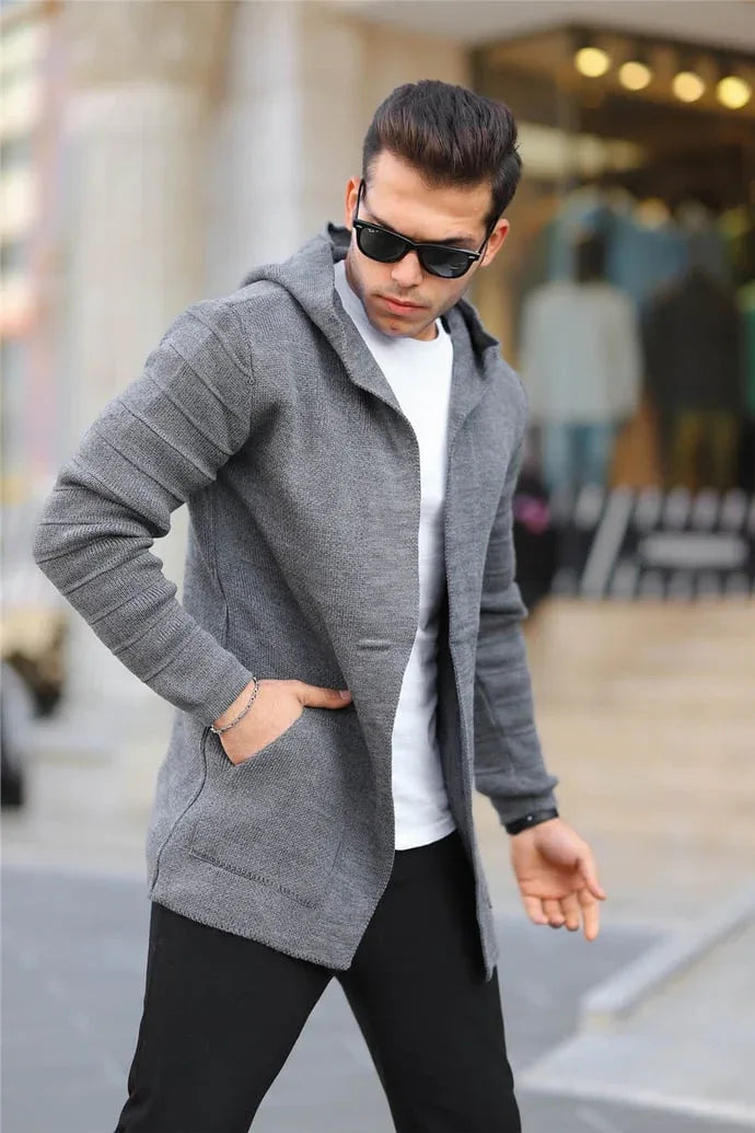 Poncho cardigan homme uni en maille avec capuche - Justyol
