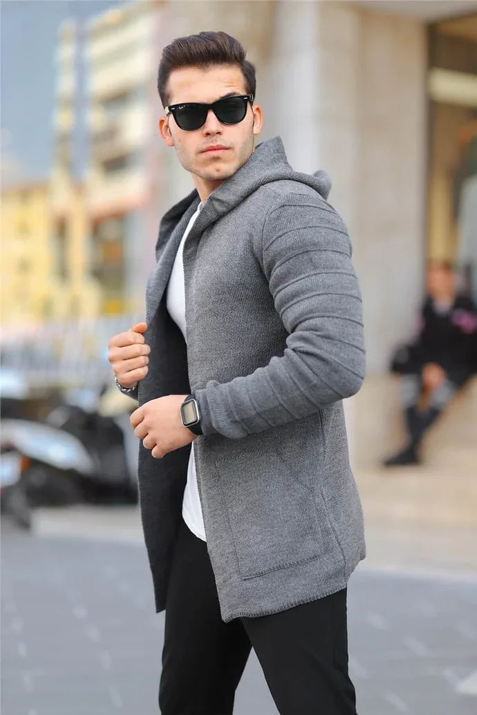 Poncho cardigan homme uni en maille avec capuche - Justyol