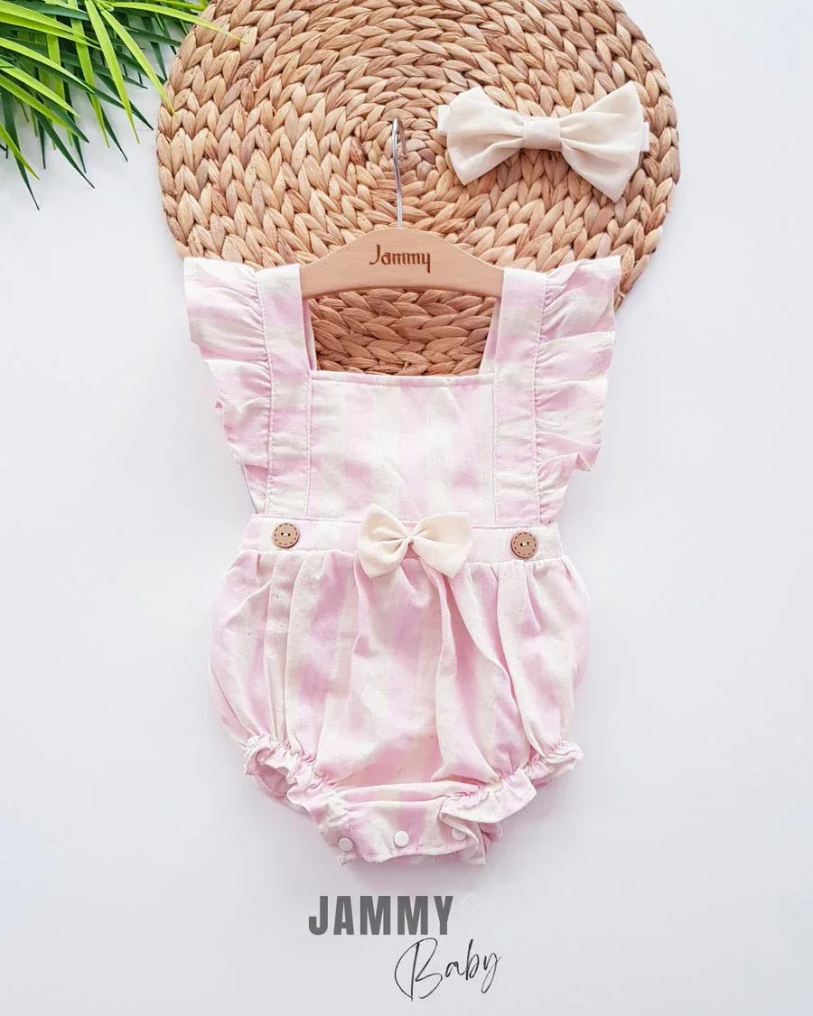 Barboteuse bébé fille à rayures avec nœud - Justyol