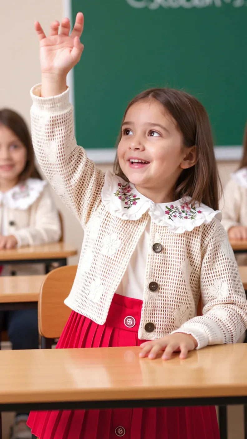 Tenue Élégante 3 Pièces pour Fille - Jupe Chic, Blouse Blanche et Veste Tricotée - Justyol