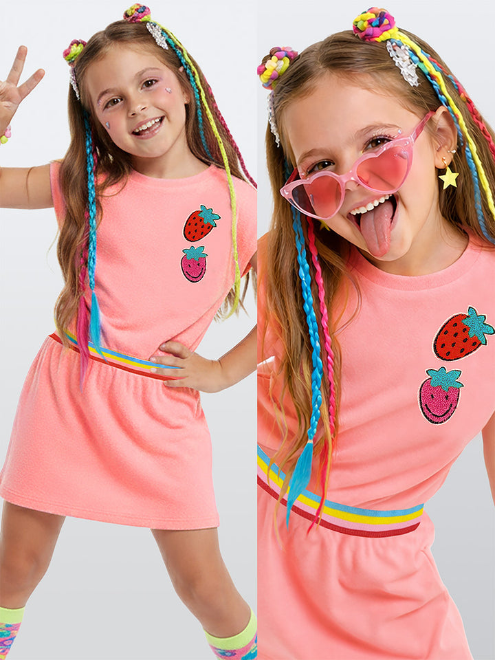 Robe Fille en Éponge Coton avec Motifs Fraises & Taille Élastique Colorée