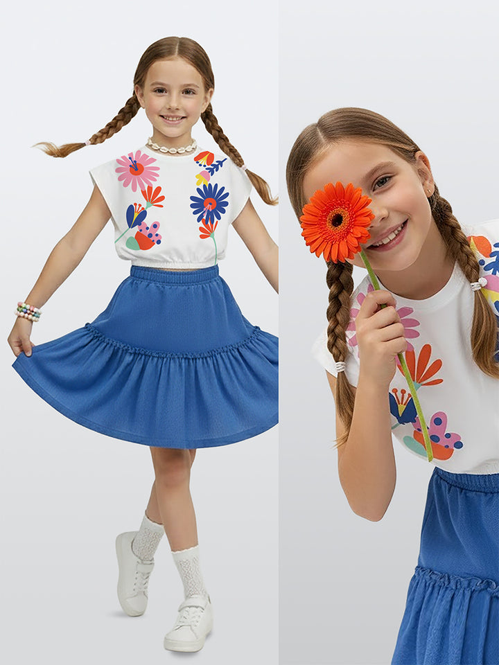 Ensemble Fille 2 Pièces Crop Top Fleuri & Jupe à Volants Style Denim