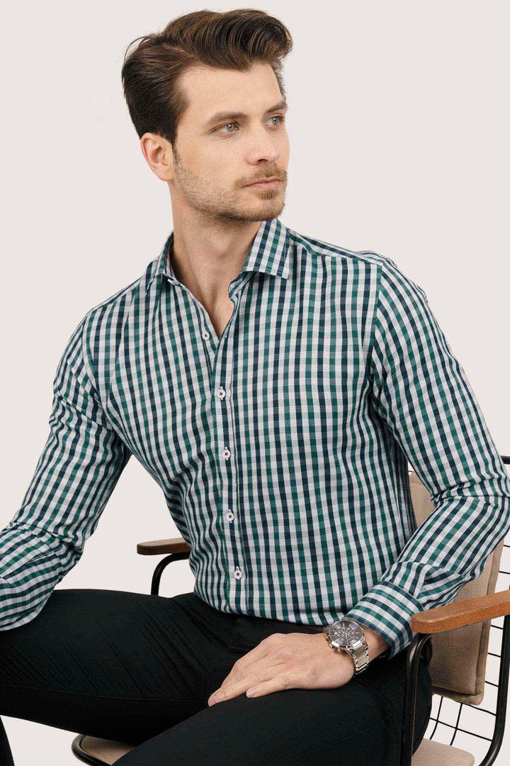 Chemise homme slim fit à carreaux vert et bleu marine-6548