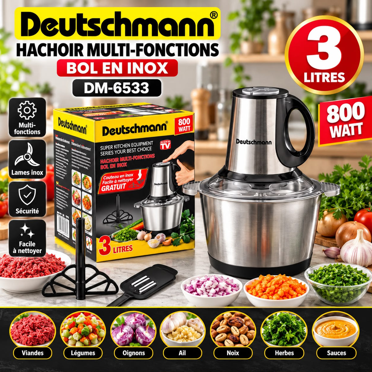 HACHOIR DEUTCHMAN INOX 3L 800W