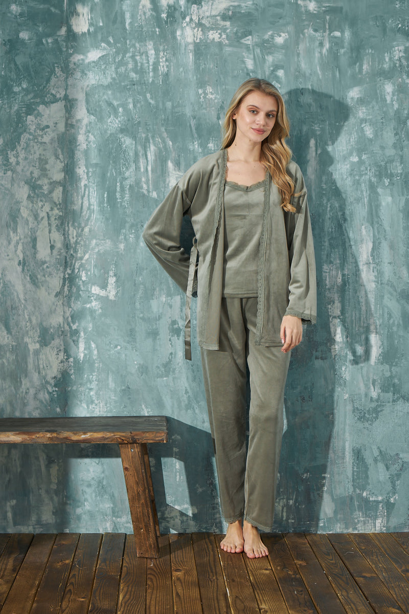 Ensemble Pyjama 3 Pièces Femme en Velours avec Peignoir Dentelle