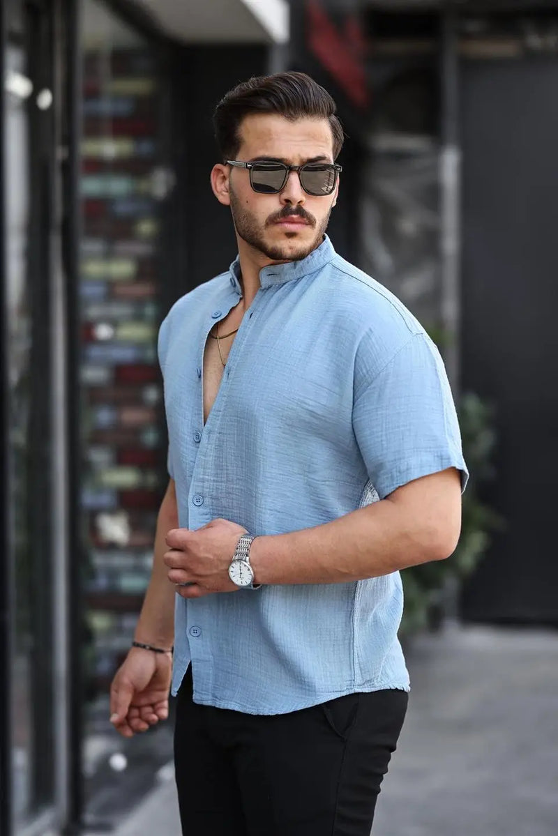 chemise homme col mao coton mousseline manches courtes