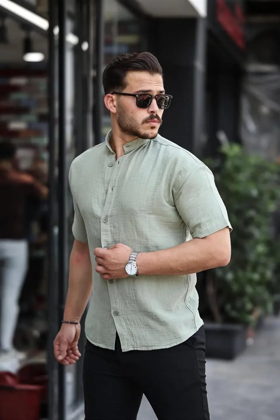 chemise homme col mao coton mousseline manches courtes - Justyol