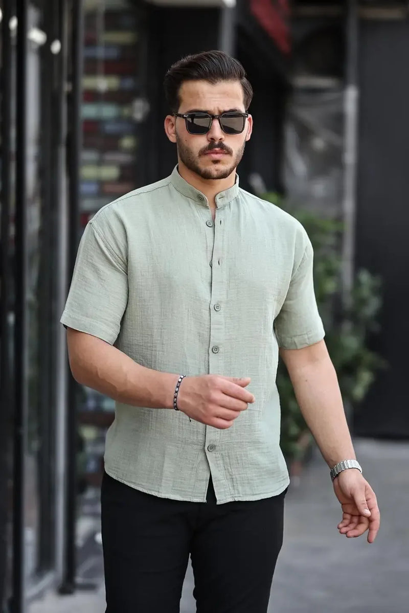 chemise homme col mao coton mousseline manches courtes