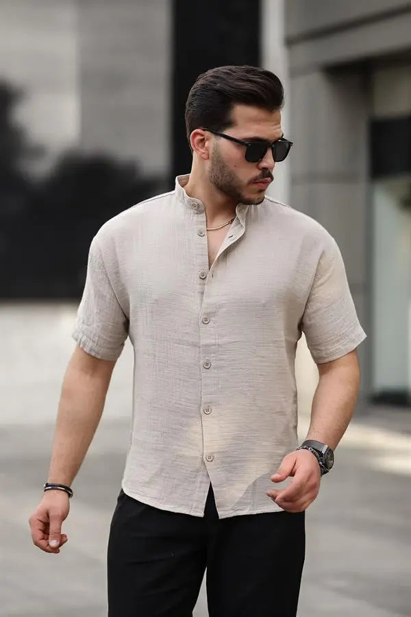 chemise homme col mao coton mousseline manches courtes