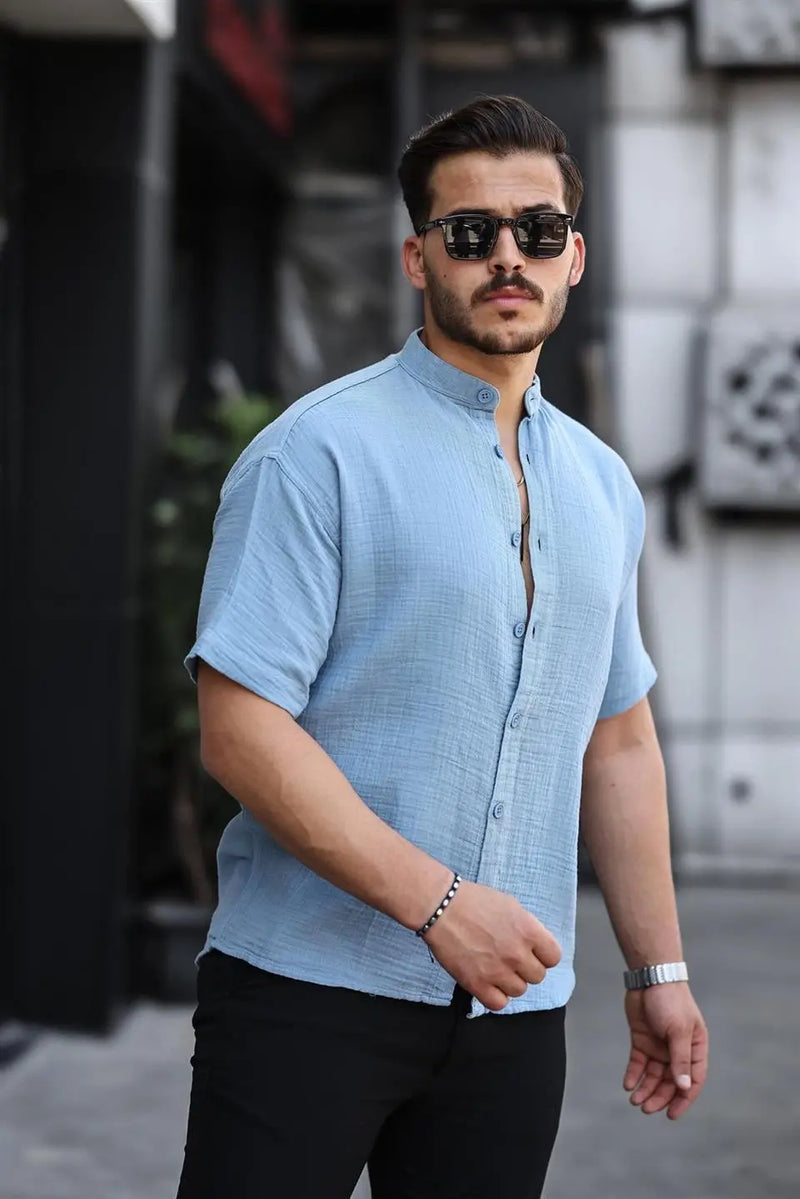 chemise homme col mao coton mousseline manches courtes