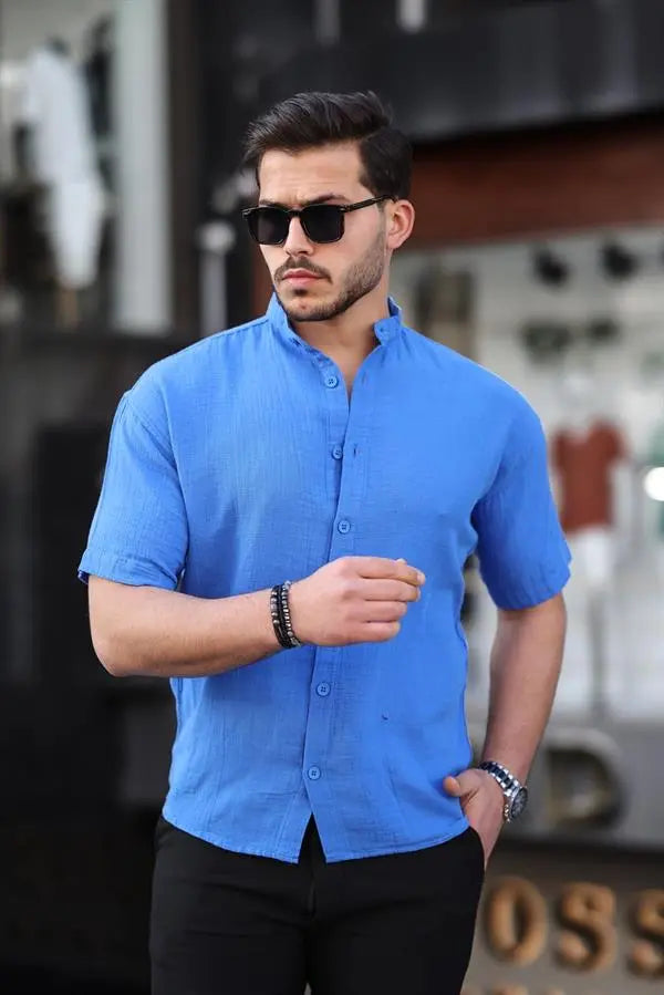 chemise homme col mao coton mousseline manches courtes