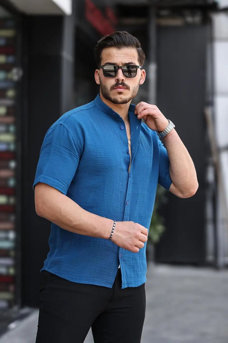 chemise homme col mao coton mousseline manches courtes