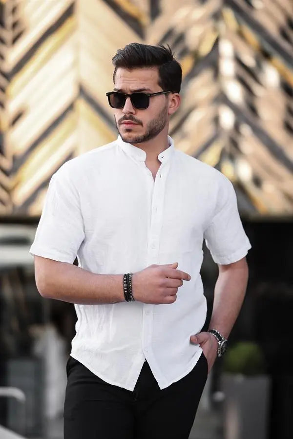 chemise homme col mao coton mousseline manches courtes