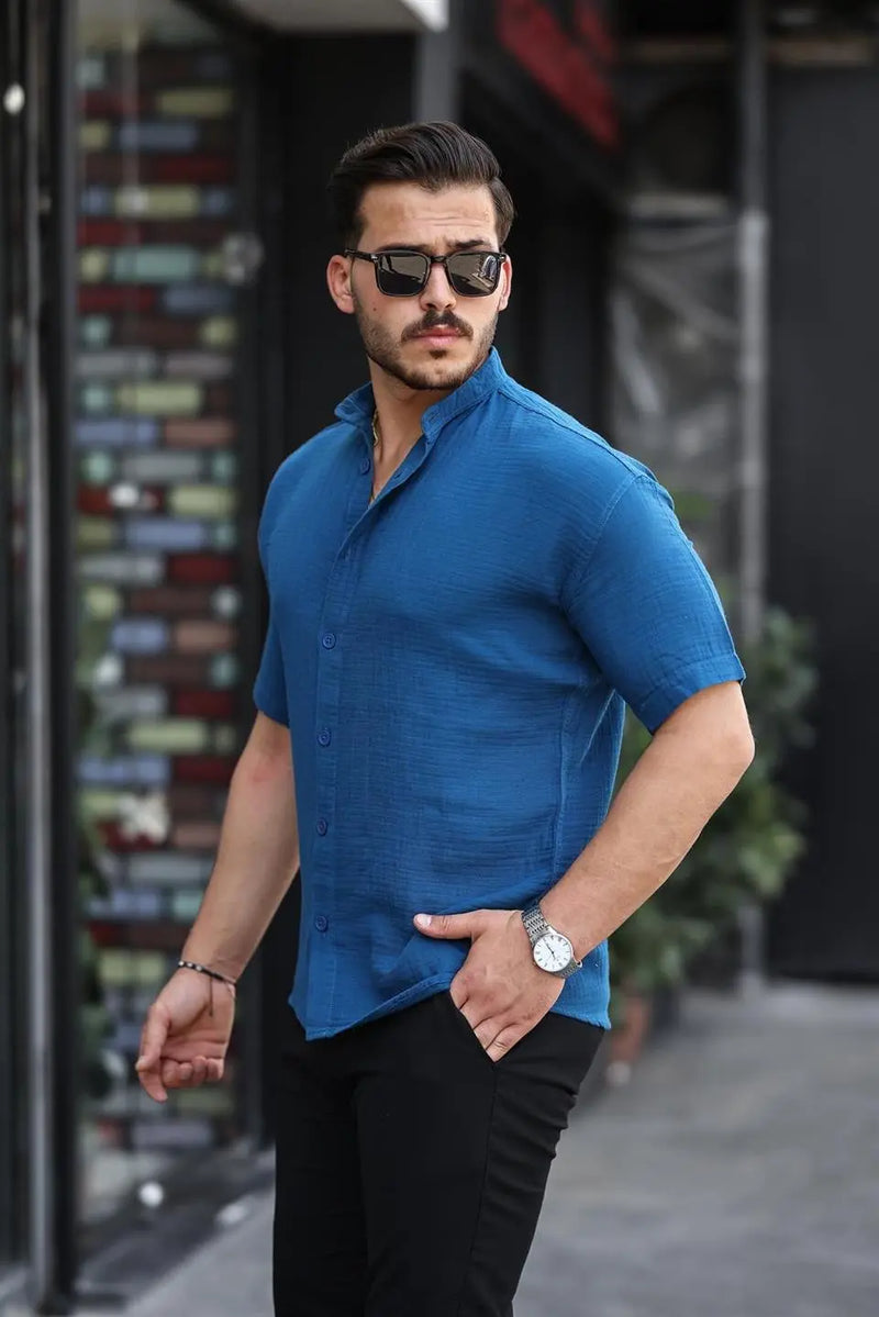chemise homme col mao coton mousseline manches courtes