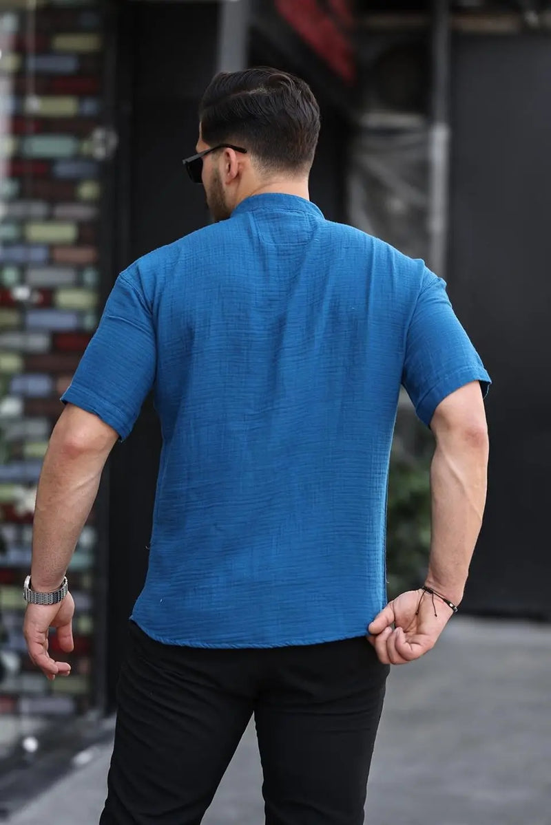chemise homme col mao coton mousseline manches courtes