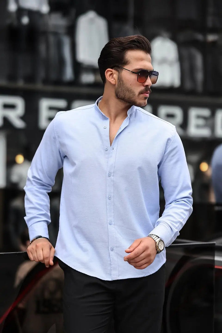chemise homme col mao en oxford manches longues