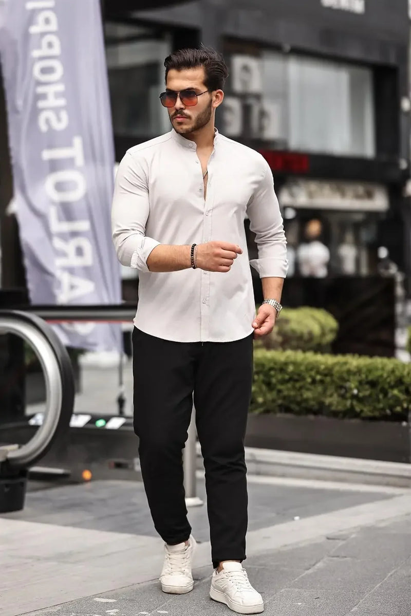 chemise homme col mao en oxford manches longues