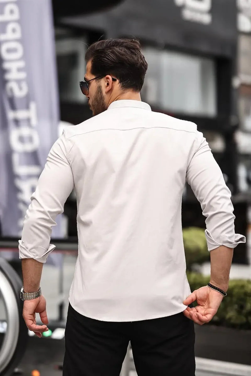 chemise homme col mao en oxford manches longues