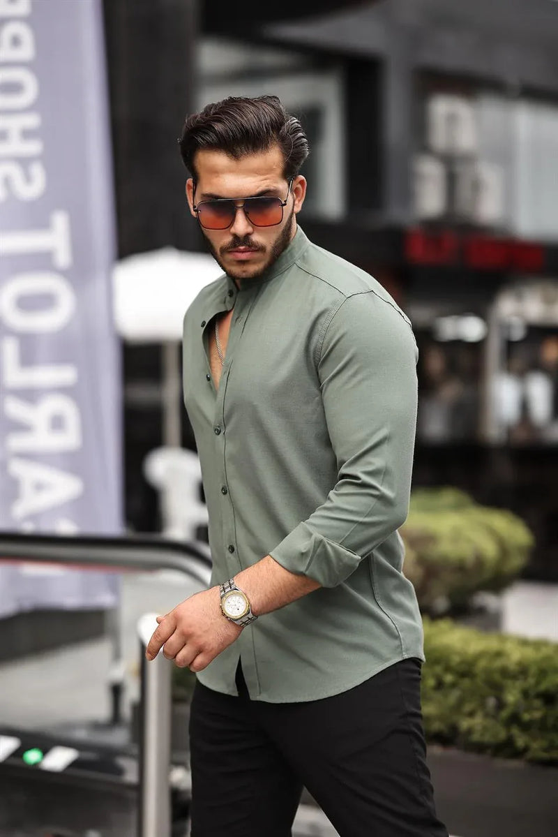 chemise homme col mao en oxford manches longues