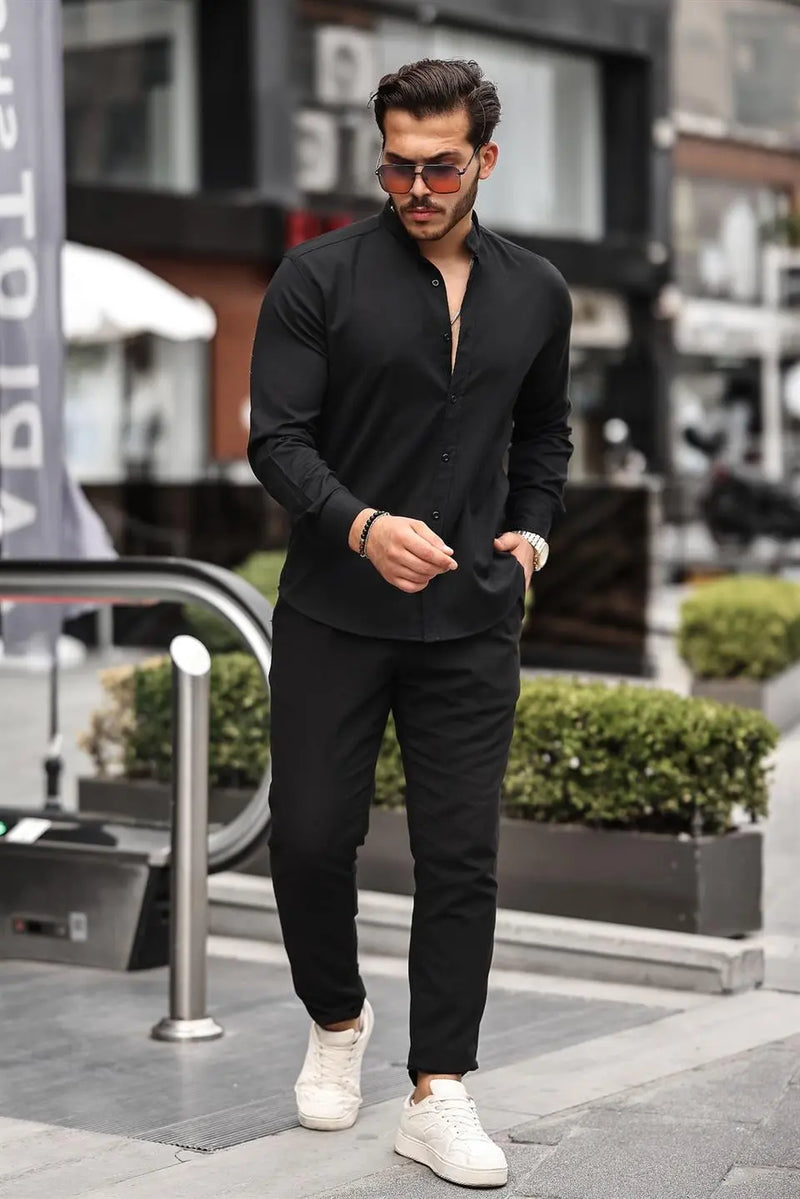 chemise homme col mao en oxford manches longues