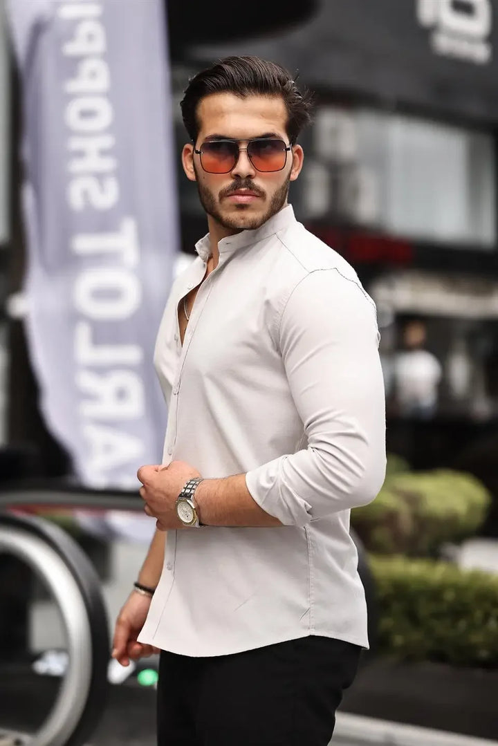 chemise homme col mao en oxford manches longues