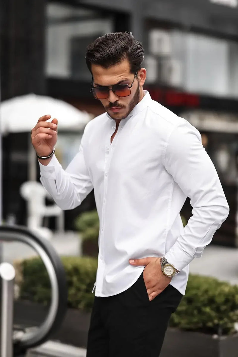 chemise homme col mao en oxford manches longues