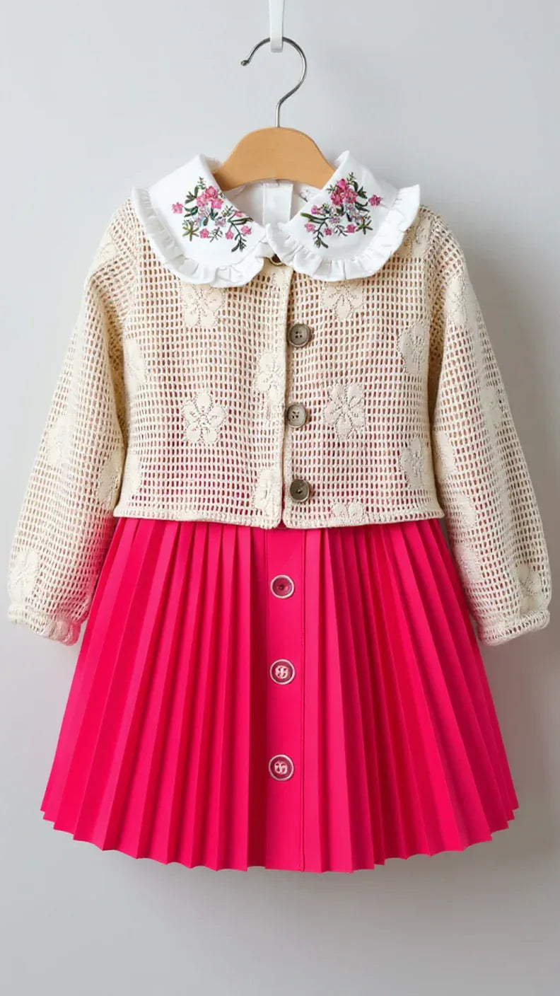 Tenue Élégante 3 Pièces pour Fille - Jupe Chic, Blouse Blanche et Veste Tricotée - Justyol