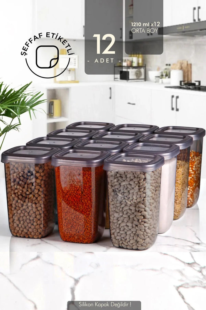 Set de 12 contenants carrés 1205 ml noirs avec étiquettes