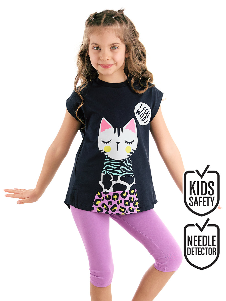 Ensemble Fille 2 Pièces Tunique & Legging en Coton avec Motif Chat Fantaisie