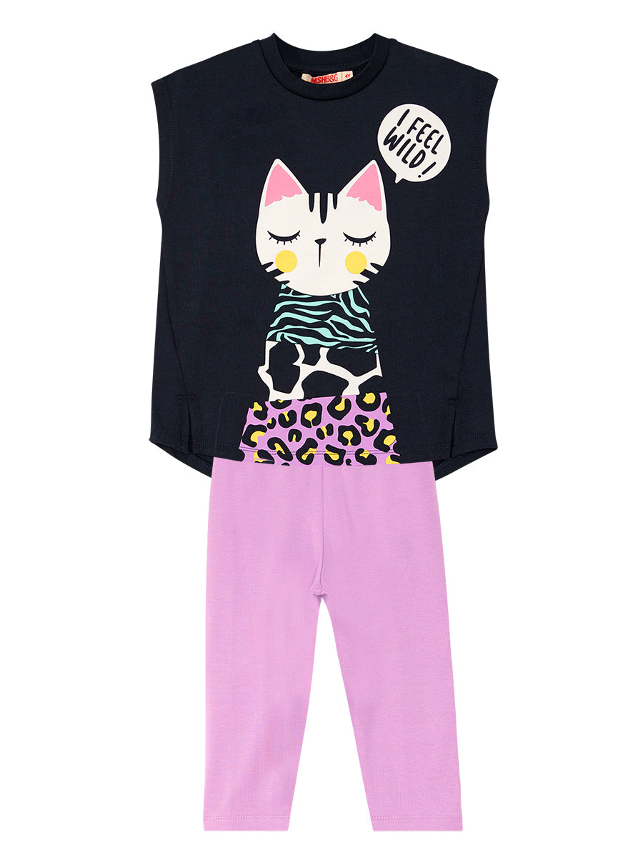 Ensemble Fille 2 Pièces Tunique & Legging en Coton avec Motif Chat Fantaisie