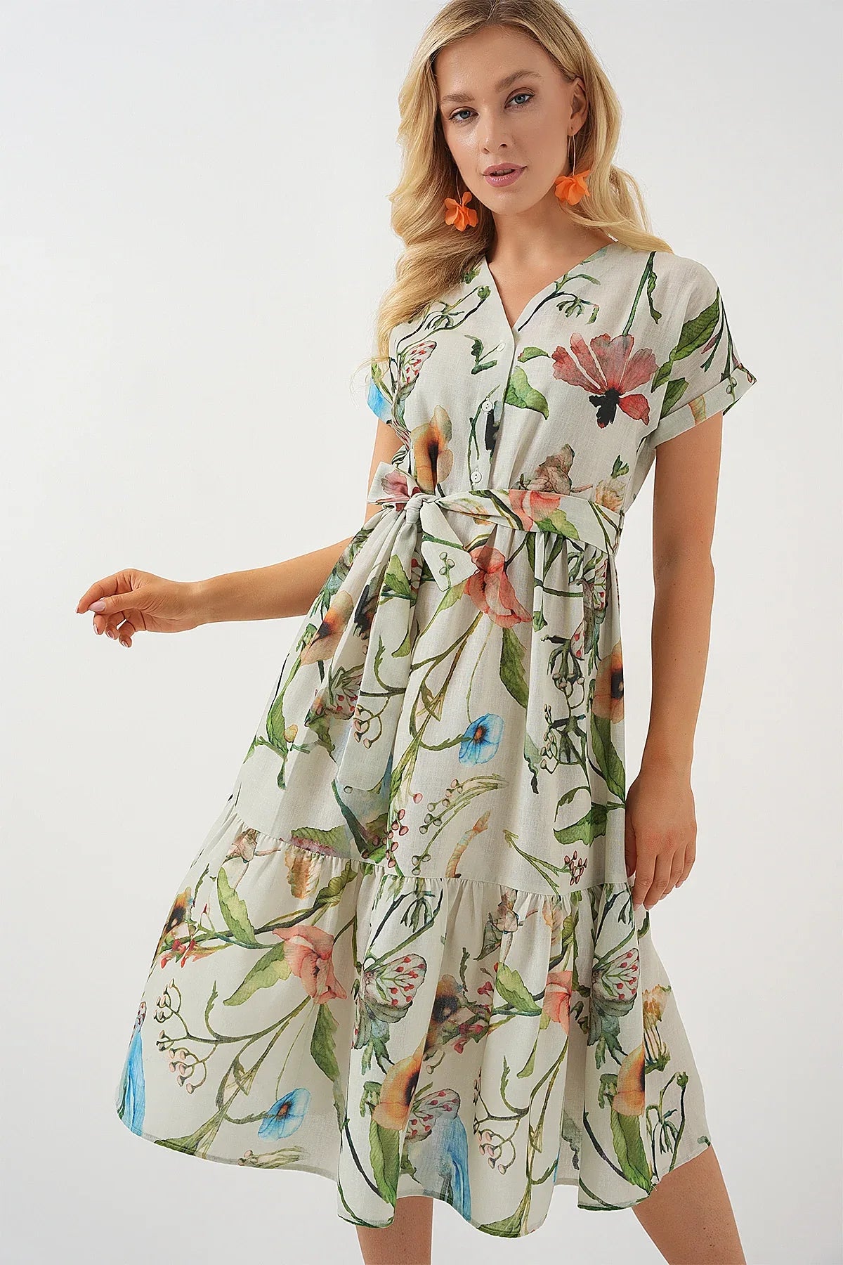 Robe femme à motifs manches courtes en viscose et lin 2558 - Justyol