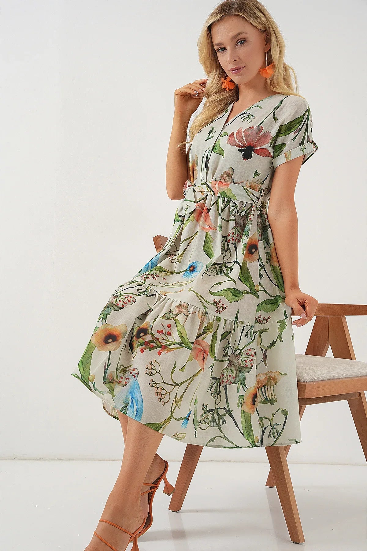 Robe femme à motifs manches courtes en viscose et lin 2558 - Justyol