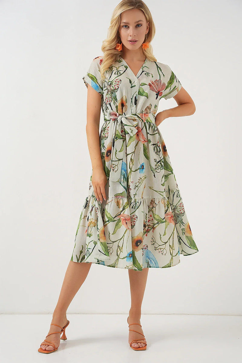 Robe femme à motifs manches courtes en viscose et lin 2558