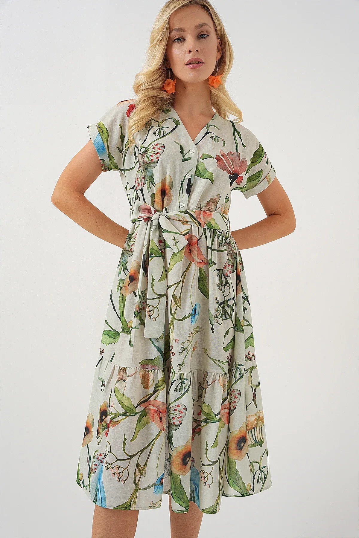 Robe femme à motifs manches courtes en viscose et lin 2558 - Justyol
