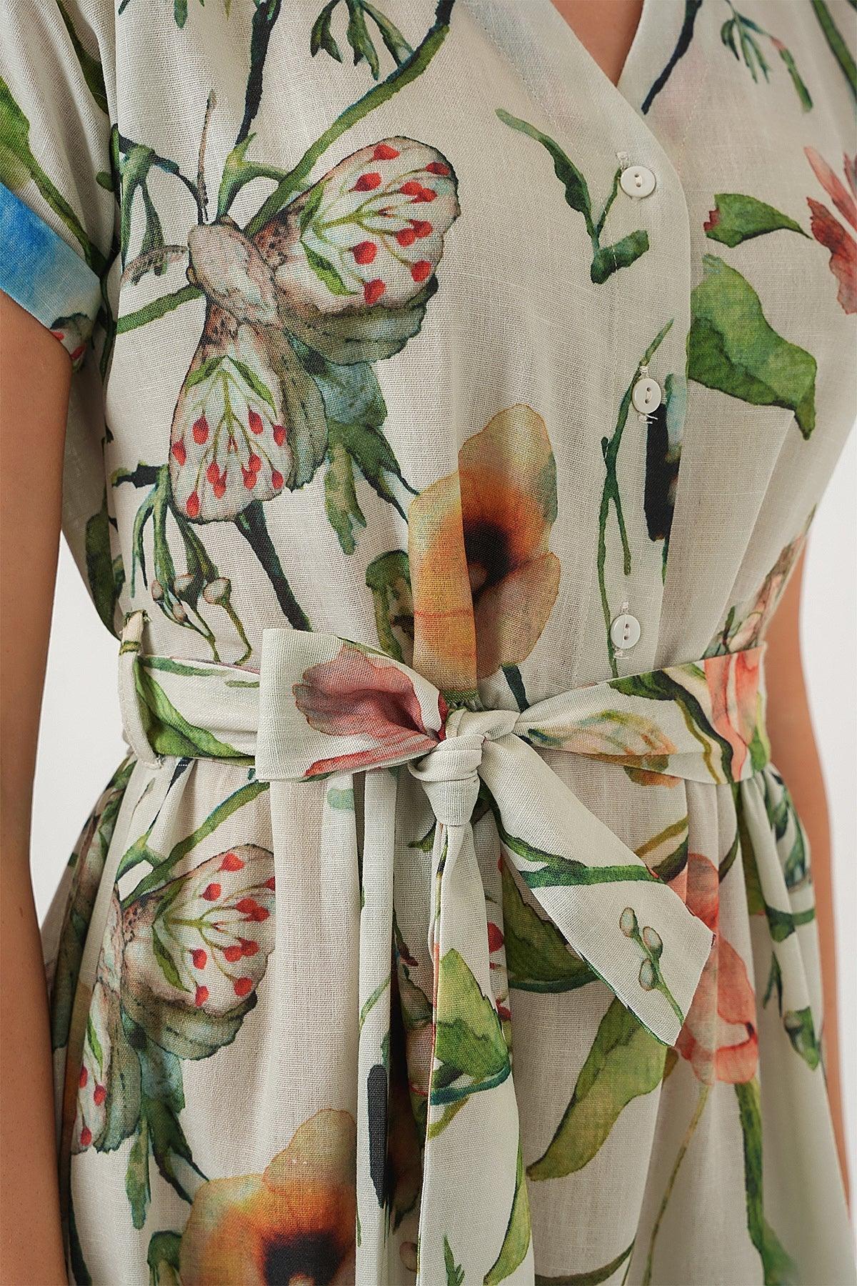 Robe femme à motifs manches courtes en viscose et lin 2558 - Justyol