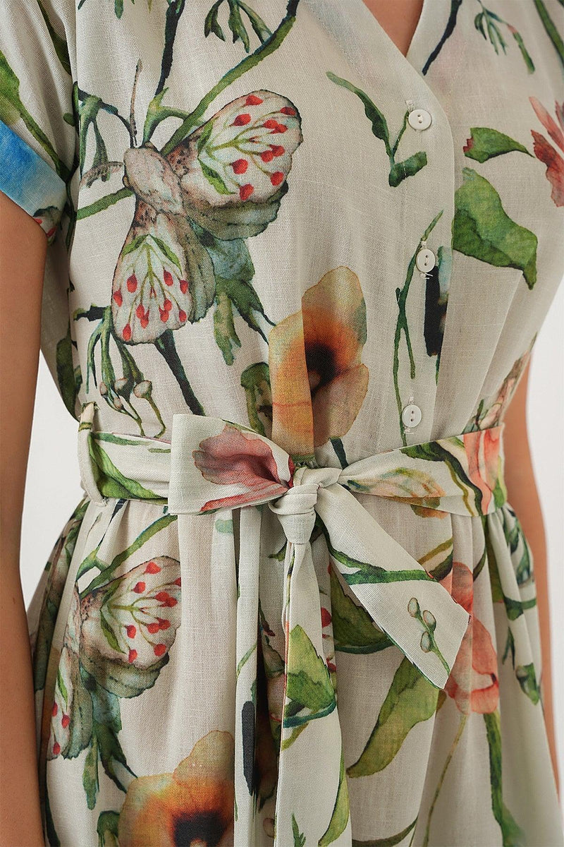 Robe femme à motifs manches courtes en viscose et lin 2558