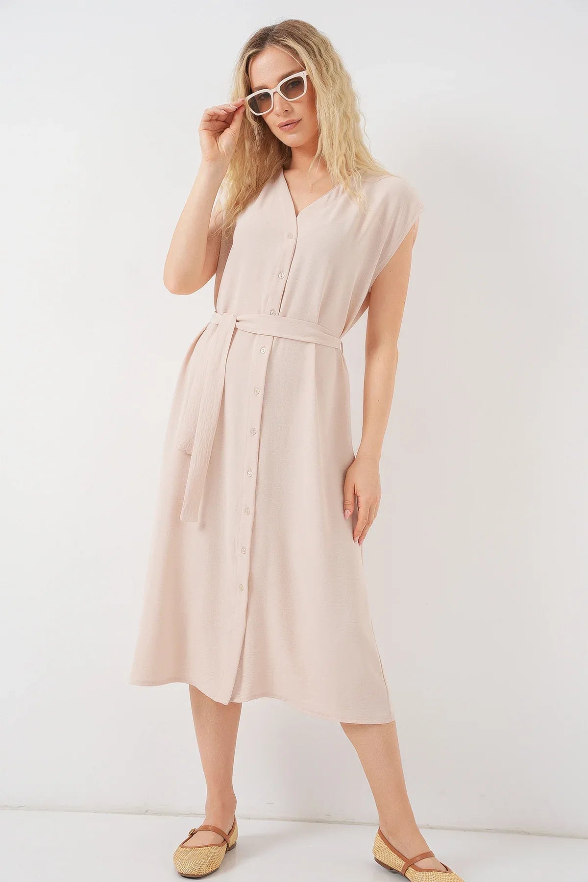 Robe femme sans manches ceinturée en ayrobin 2568 - Justyol