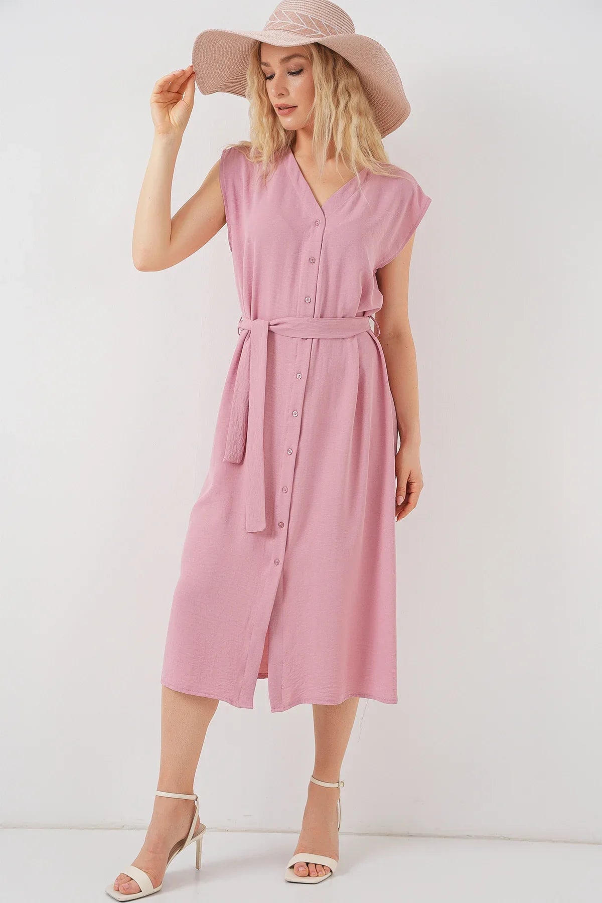 Robe femme sans manches ceinturée en ayrobin 2568 - Justyol