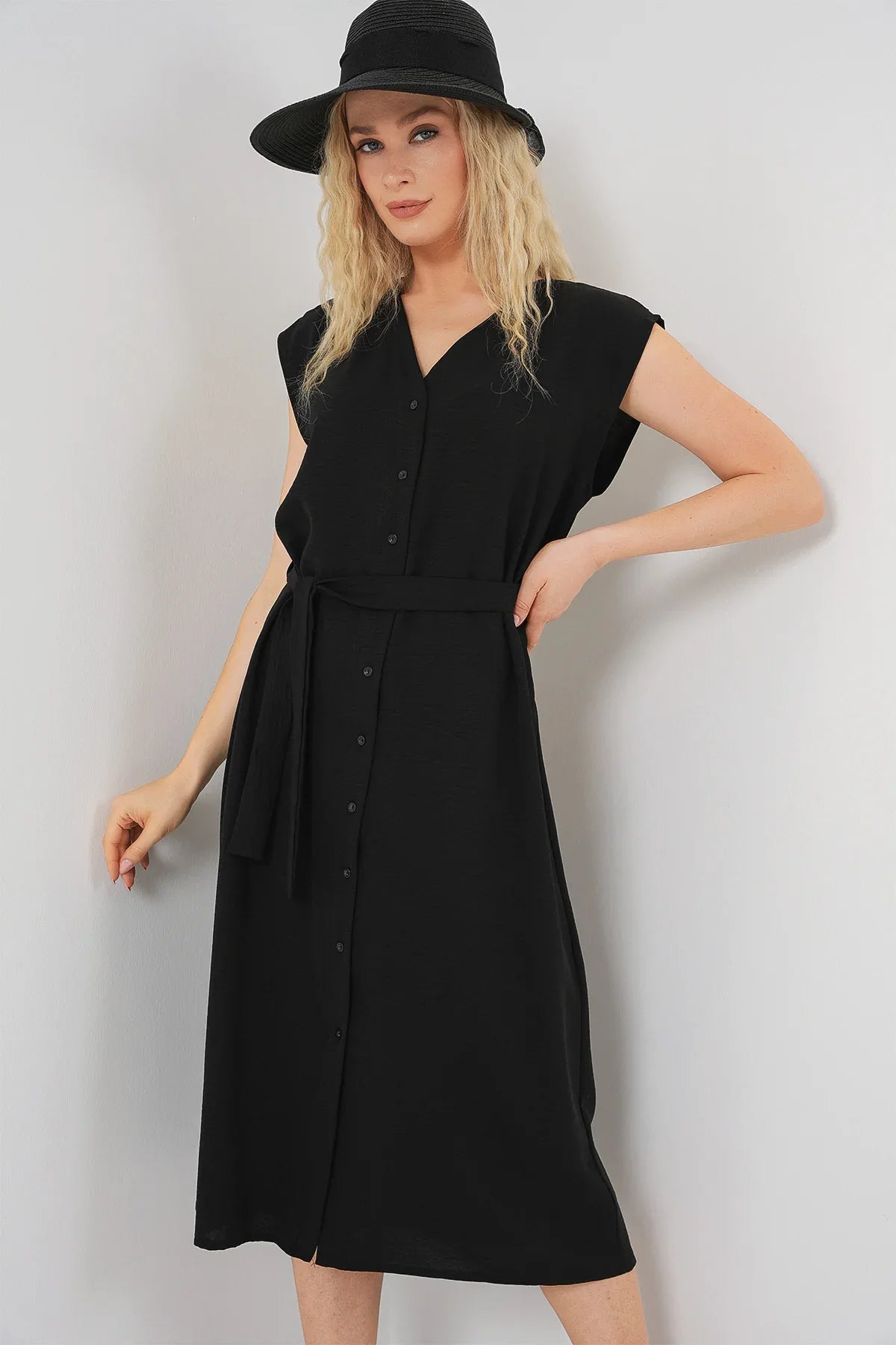 Robe femme sans manches ceinturée en ayrobin 2568 - Justyol