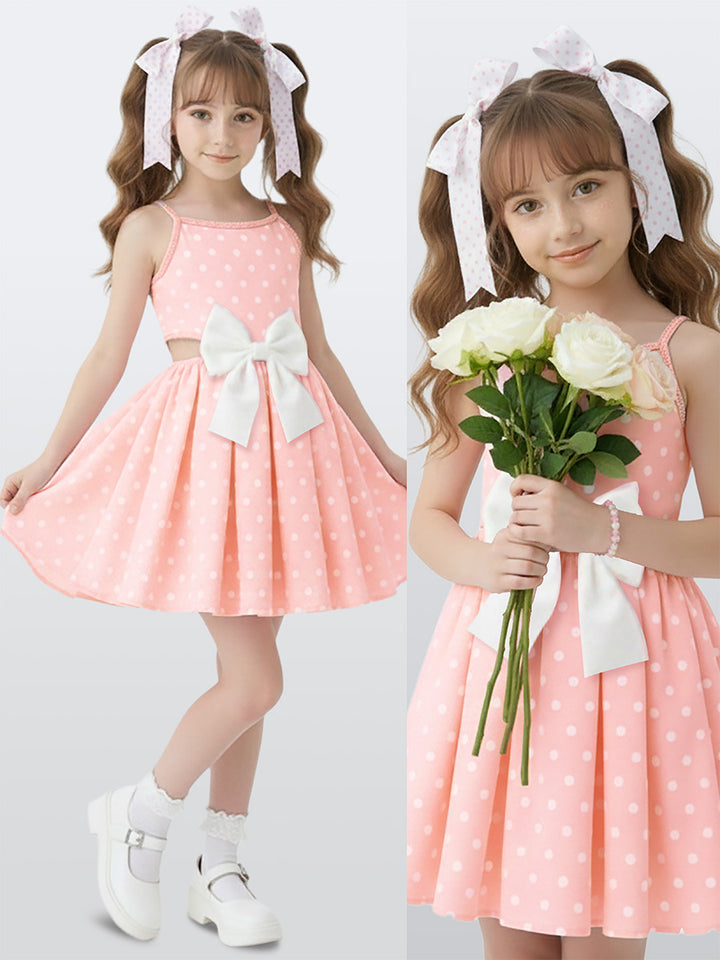 Robe Fille à Pois avec Nœud Élégant – Robe Été en Coton Popeline