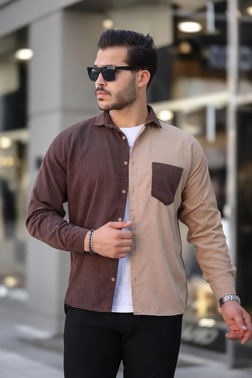 Chemise homme velours côtelé bicolore contrasté - Justyol