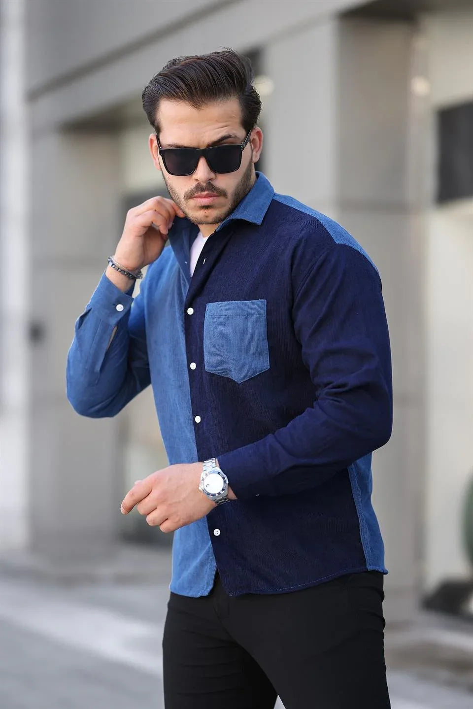 Chemise homme velours côtelé bicolore contrasté - Justyol