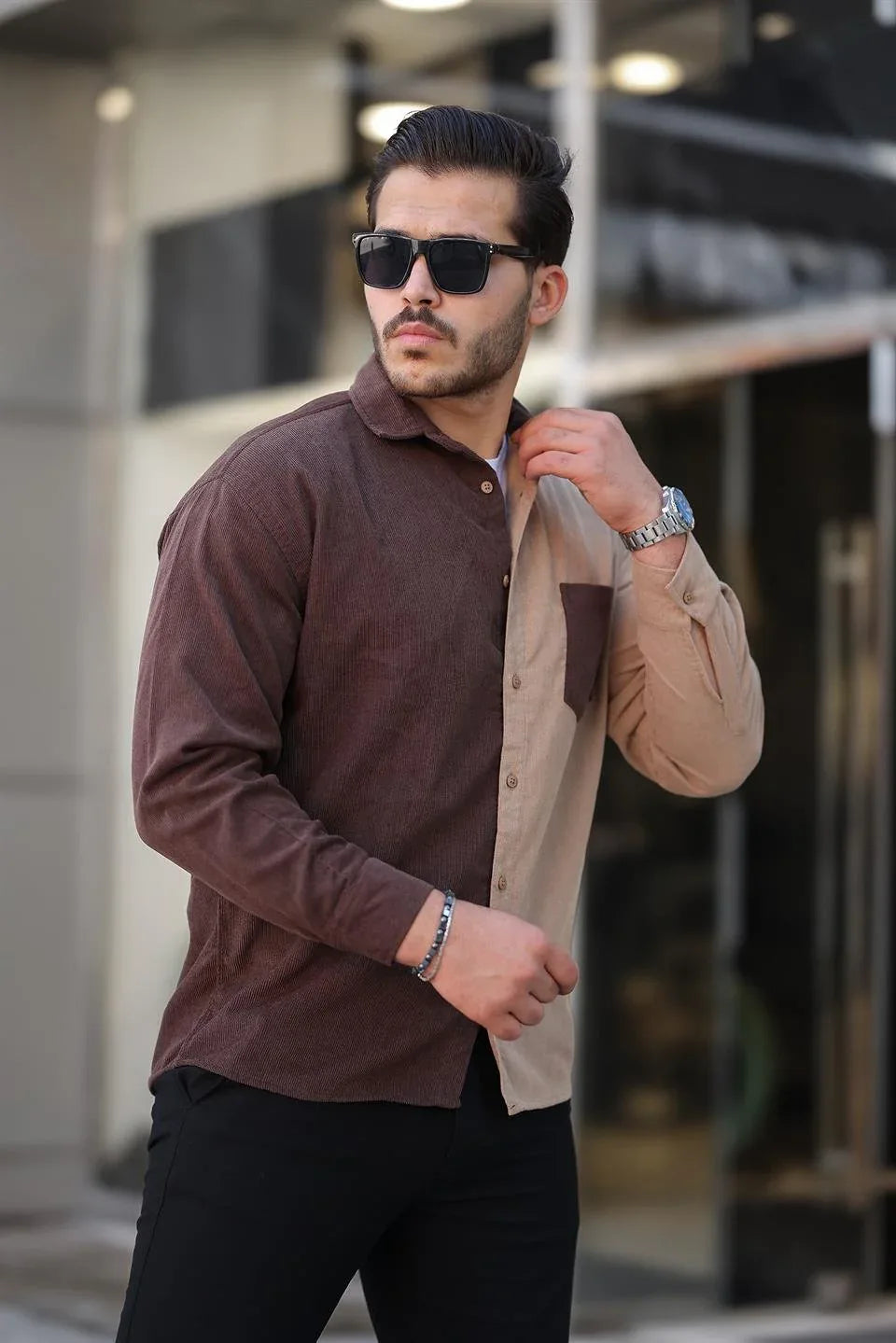 Chemise homme velours côtelé bicolore contrasté - Justyol