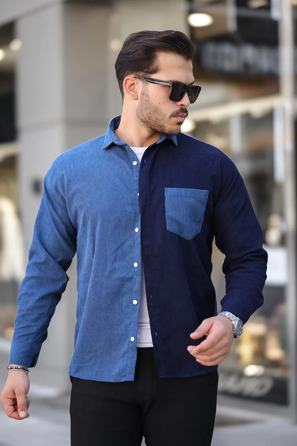 Chemise homme velours côtelé bicolore contrasté - Justyol