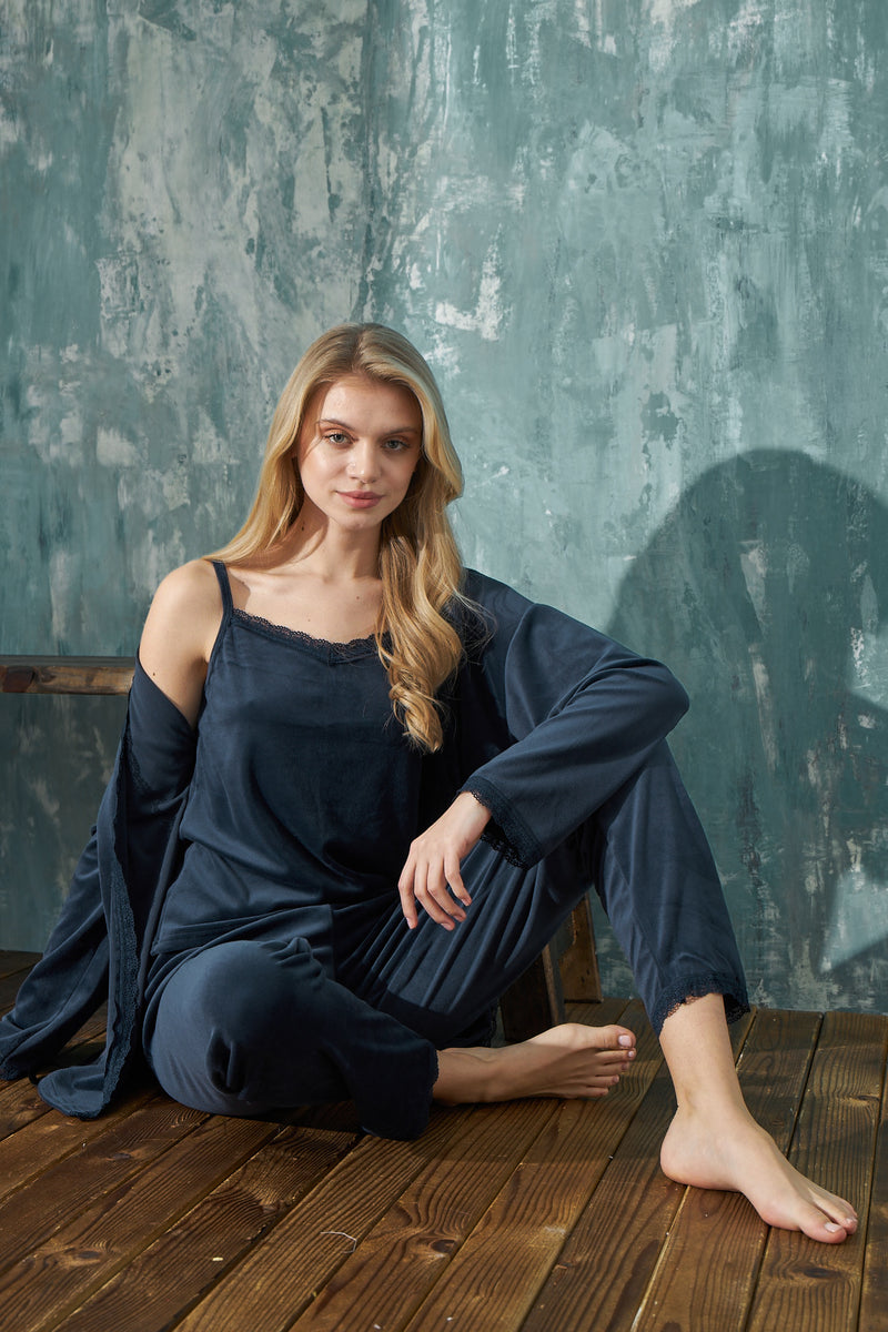 Ensemble Pyjama 3 Pièces Femme en Velours avec Peignoir Dentelle